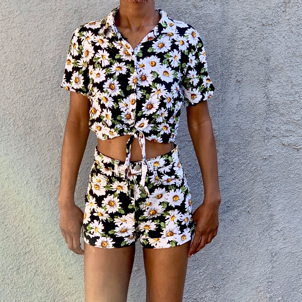 American Apparel Black Daisy Denim Shorts